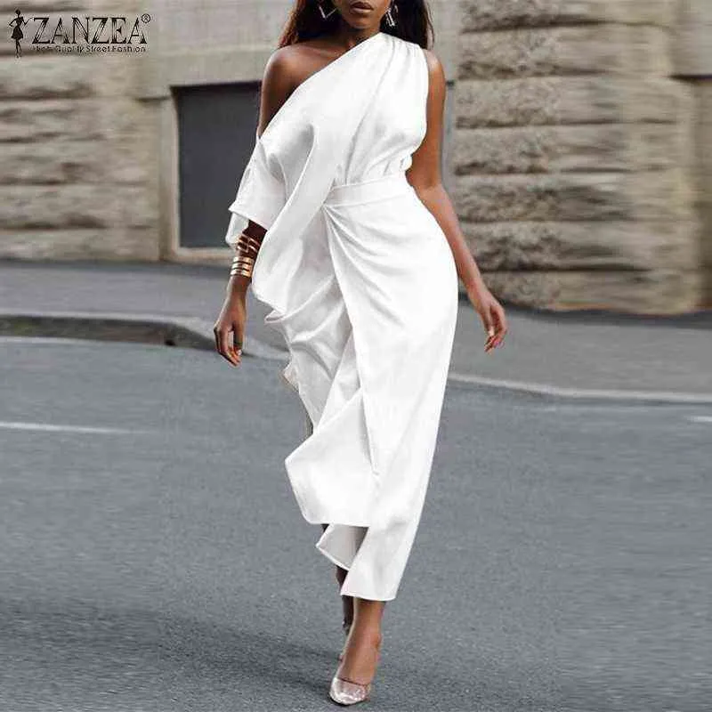 ZANZEA Elegant Women Asymmetrical Mid-calf Sundress Casual Solid Belted Party Vestidos Kaftan Summer Off Shoulder OL Work Dress Y220214