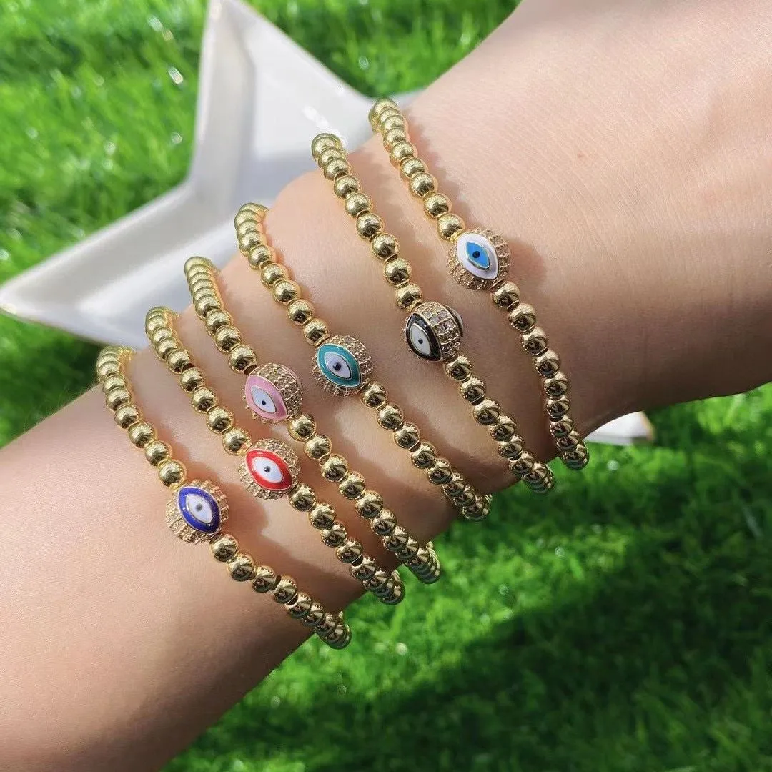 5 stks, Turks Crystal Eye Bead Armbanden voor Vrouwen Sieraden Trendy Gold Ball Beads Pulsera Sieraden Elastische Armband