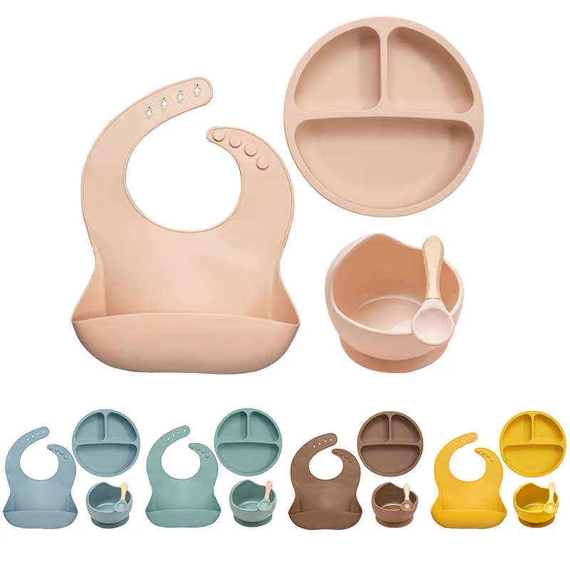 Baby Feeding Bowl Set Silicone Bibs Non-Slip Baby Silikon Tortering BPA Gratis Silikon Tuggning Matkvalitet Nyfödda Tillbehör G1210