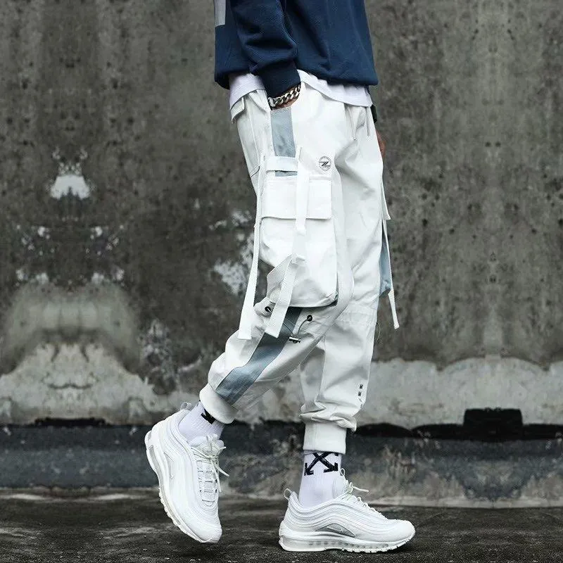 Pantaloni da uomo Uomo Cargo nero per jogging Pantaloni della tuta Pantaloni Uomo Bianco Coreano Techwear Steetwear Nastri Hip Hop