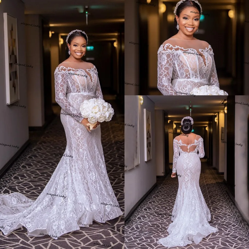 Aso Ebi arabic Wedding Dresses with Long Sleeve 2021 Full Lace Plus Size Champagne Lining African Mermaid Bridal Gowns Robes