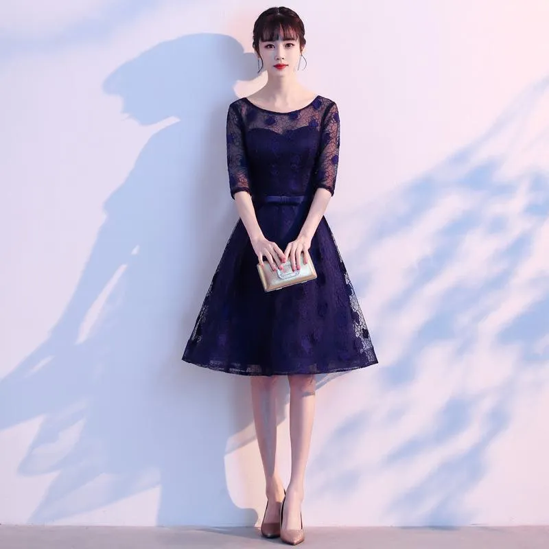 Office Lady Exquisite Bow Trim Banquet Gown Sweet Lace Knee-Length A-Line Dresses Navy Blue Elegant O-Neck Formal Party Dress Casual