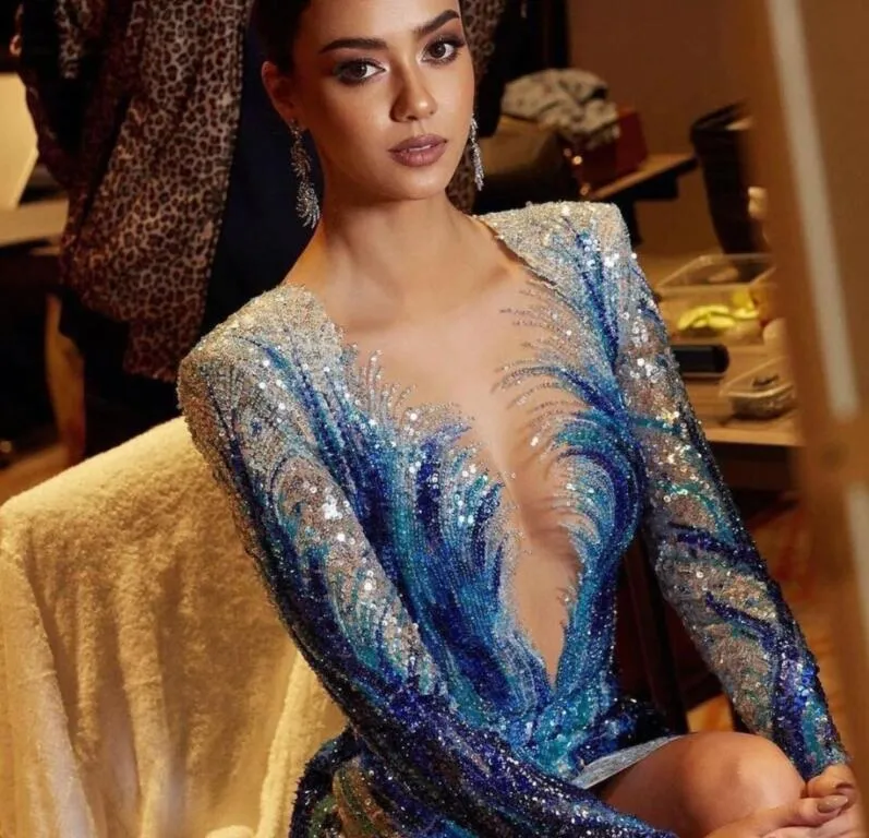 Abendkleid Damen Stoff Pailletten Meerjungfrau V-Ausschnitt Blau Langarm Split Kim Kardashian Kylie Jenner