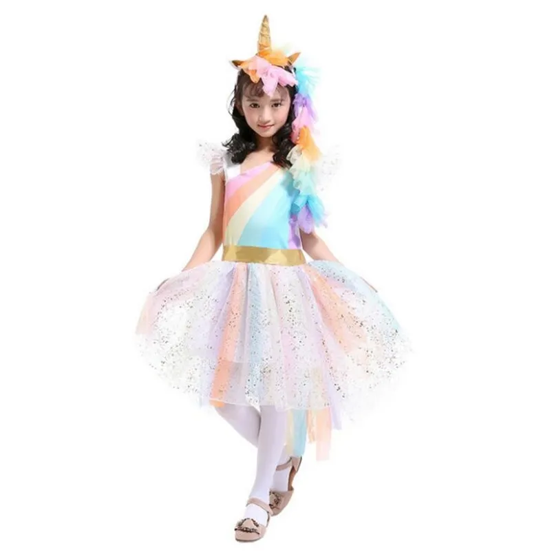 Enfants filles Licorne robe Halloween fête de vacances cosplay + bandeau petit arc-en-ciel unicornio princesse robe 210529