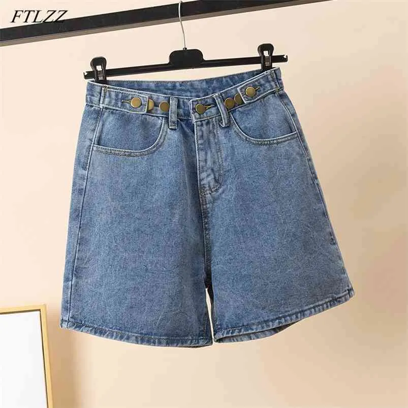 Été Femmes Taille Haute Taille Slim Denim Shorts Casual Femme Bouton Zipper Vintage Dames Bleu 210430