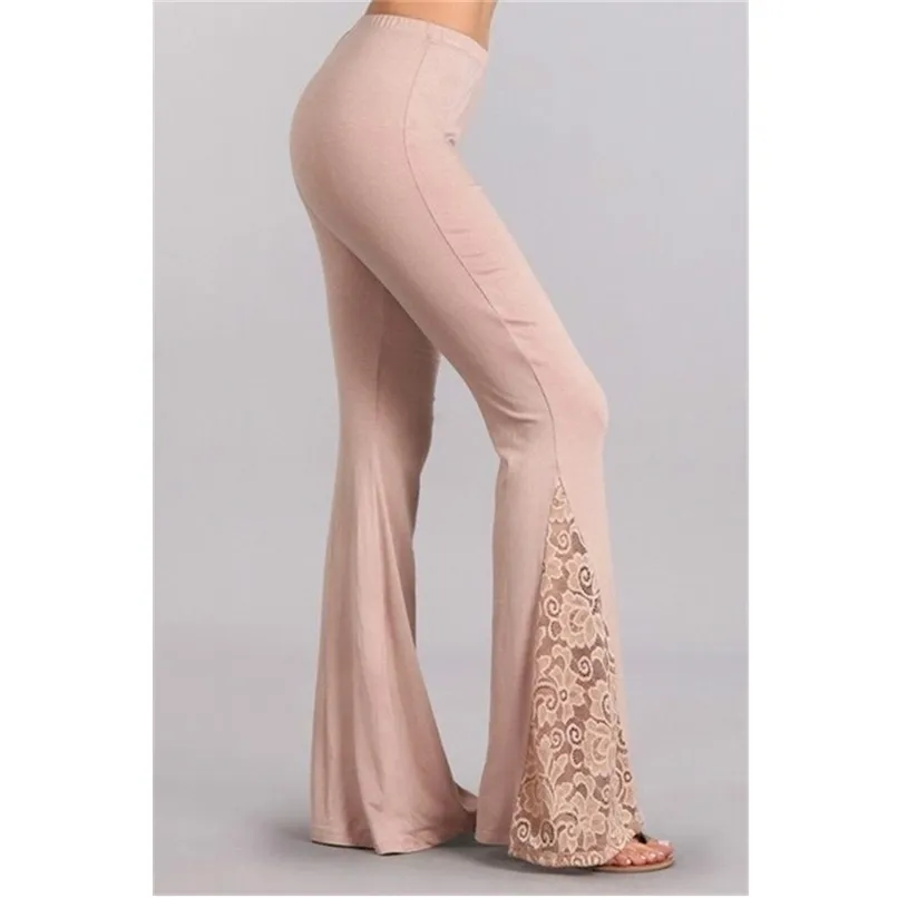Flared Pants Women Lace Patchwork Wide Leg Trousers High Waist Casual Spring Summer Female Stretch Slim Fit Bottoms 210915