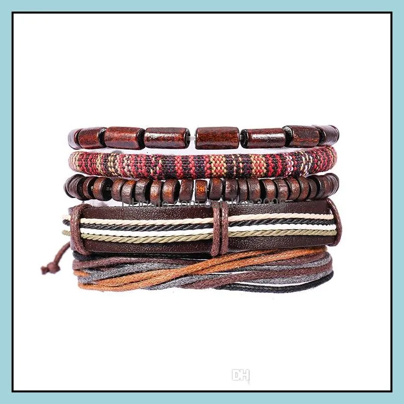 Vintage multi-piece set of hand-made wood bead wax rope leather bracelet male 2019 new