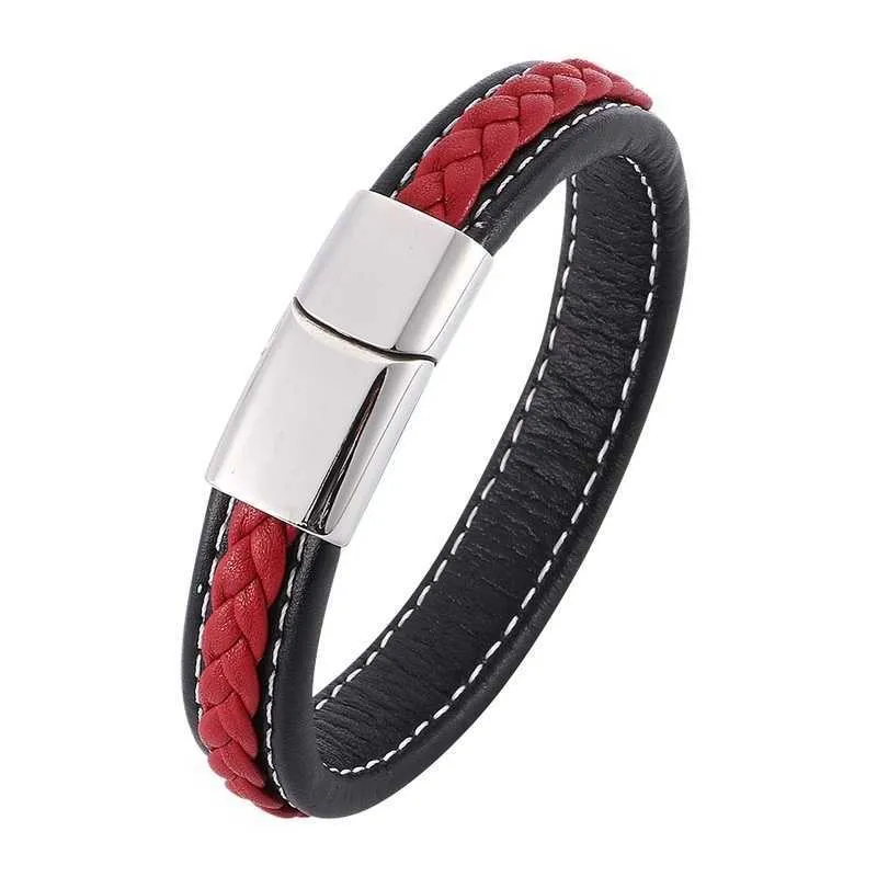 Bracciale in acciaio al titanio di lusso in pelle nera rossa Versione coreana del braccialetto da uomo alla moda di personalità selvaggia Q0719 squisito