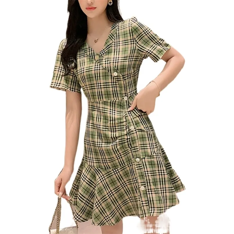 Moda Damska Mini Sukienka Lato Temperament Plaid Spódnica Krótki rękaw dla kobiet 210520