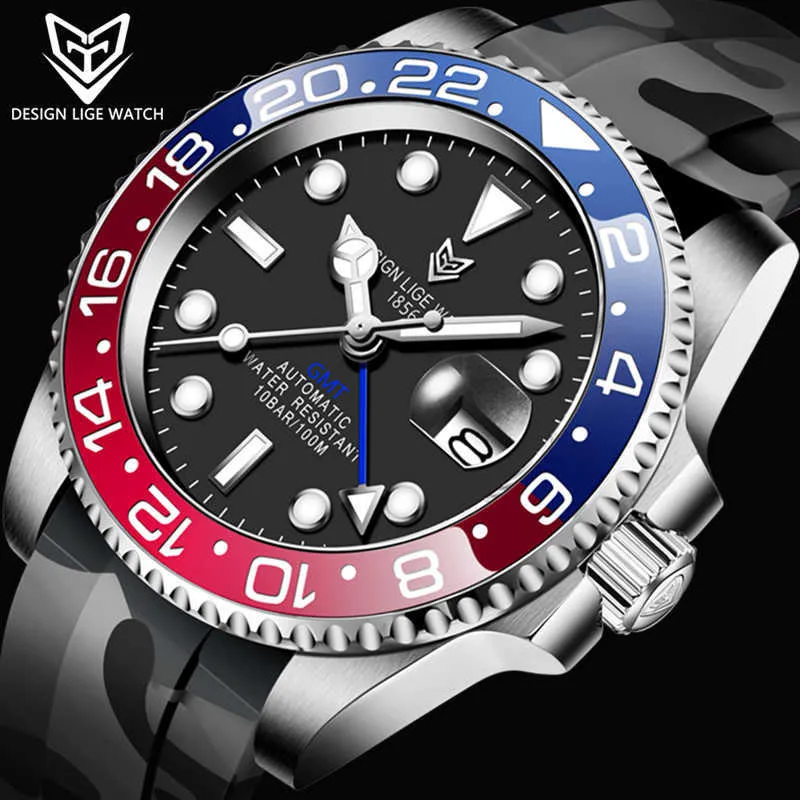 男性のためのLigeのデザインのメカニカルウォッチ、豪華なシリコーンストラップ100M防水3D時計の男性ファッションすべてのスチール時計+ボックス210527