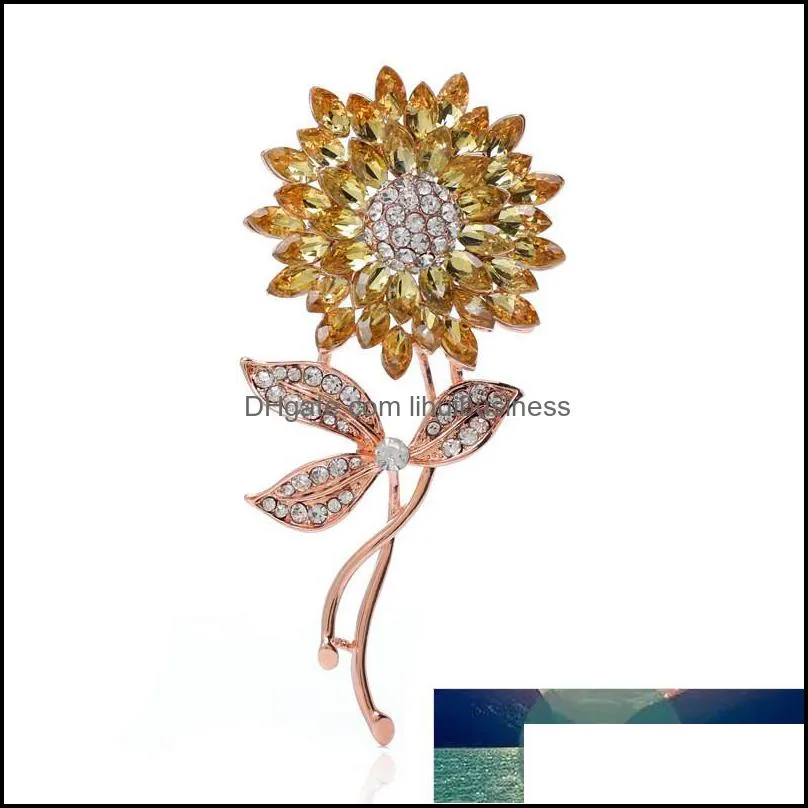 New Luxury Elegant Yellow Crystal Sunflower Brooches Gold Color Rhinestone Alloy Plant Brooch Lady Party Safety Pins Gifts