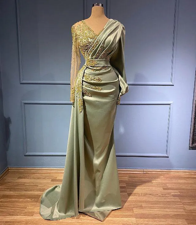 Arabski ASO EBI Syrenki Suknie wieczorowe z overskrit 2022 Luksusowa koronka z długim rękawem V-Neck African Prom Formalna sukienka