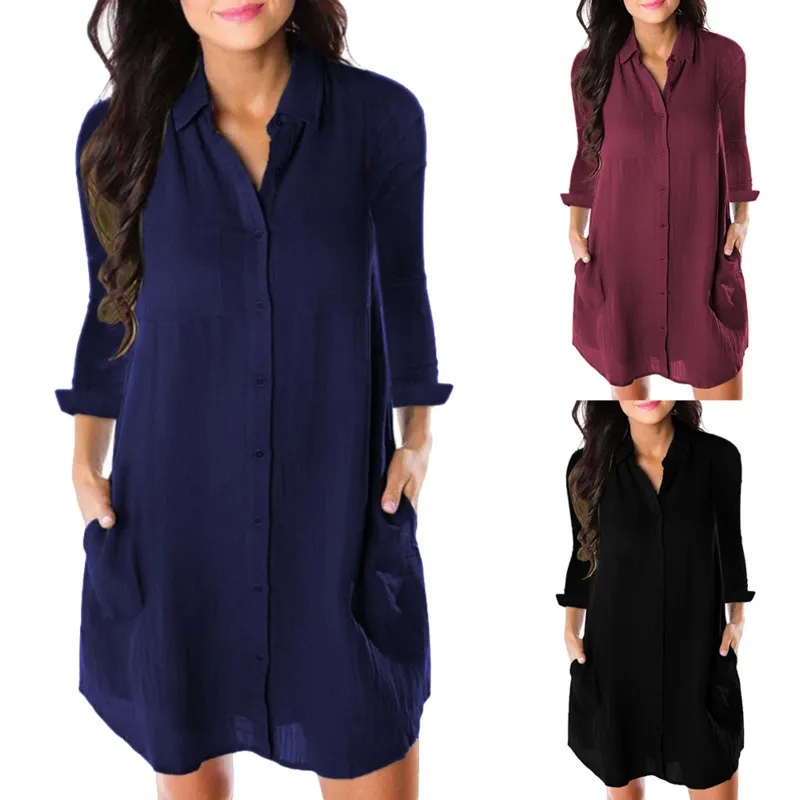 Women's Loose Solid Dress Long Sleeve Turn Down Collar Button Pockets Vestidos Autumn Casual Ladies Office Shirt Dresses 210422