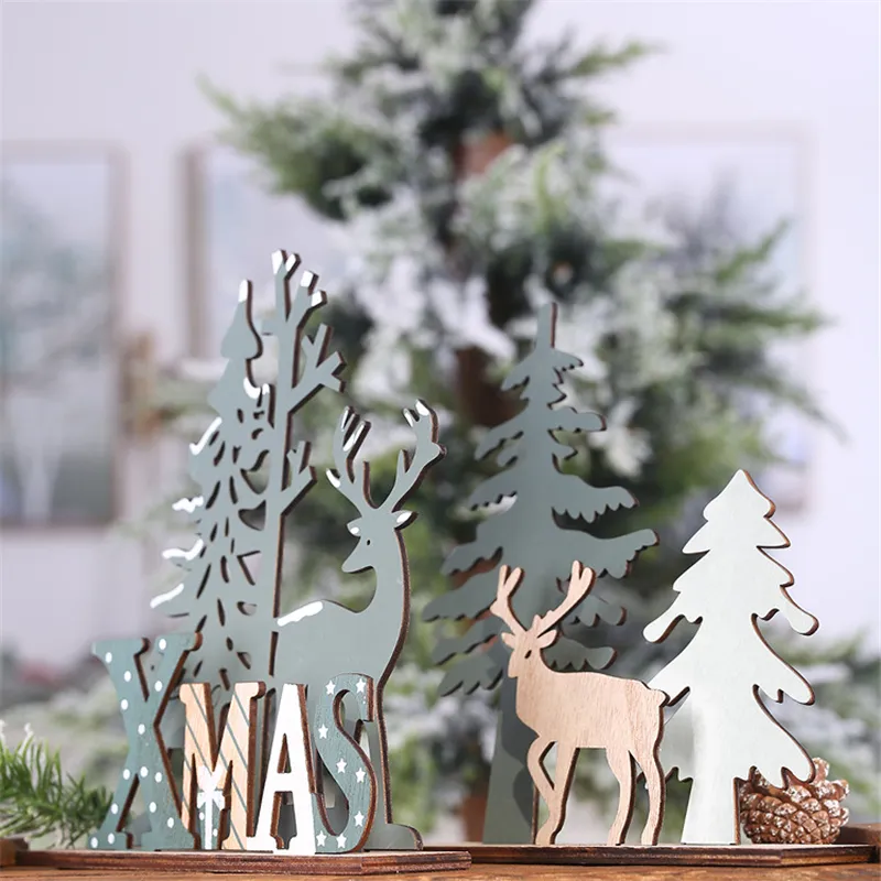 Kerstdecoratie Houten Craft Elk Xmas Tree Tafel Ornament Desktop Decor Handgemaakte Speelgoed Vakantie Party Gift KDJK2110