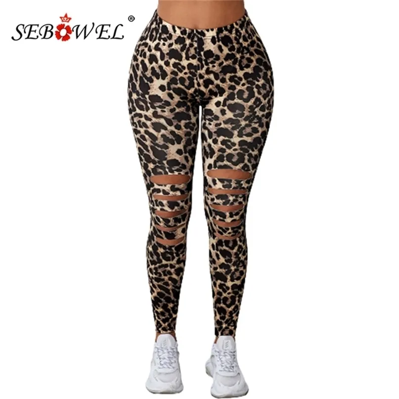 SEBOWEL Leopard/Solid Black Frau Hohe Taille Aushöhlen Skinny Fit Stretch Leggings Weibliche Casual Lange Hosen S-XL 211204