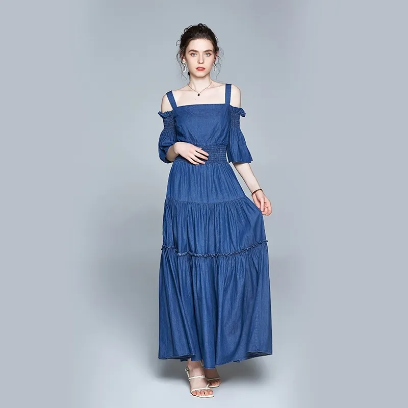 Abito estivo da donna lungo elegante maxi denim Abito vintage svasato di alta qualità senza spalline sexy Designer Runway Abiti 210520