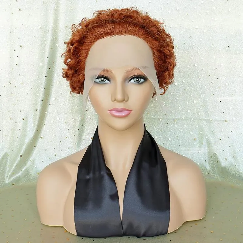 Dantel Peruk Zencefil Renkli Ön İnsan Saç Peruk Kadınlar Için Şeffaf Kısa Kıvırcık Turuncu 350 # Humain