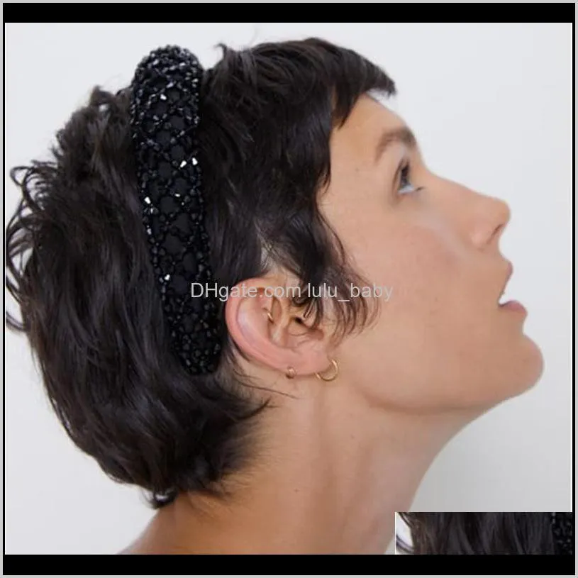 za crystal hair band women`s simple elegant wide side hand-sewn sponge headband