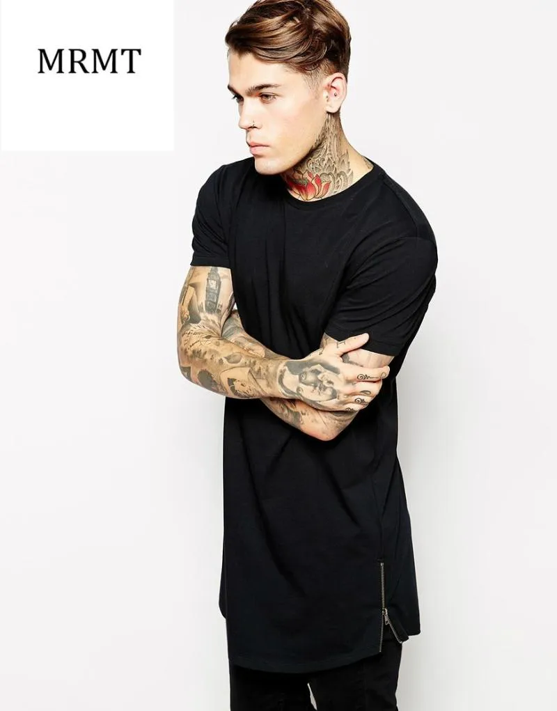 Mens zwarte lange t shirt rits hip hop longline extra lengte tops tee t-shirts voor mannen lange t-shirt