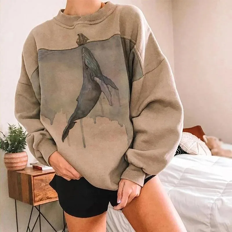 Sweats à capuche pour femmes Sweats Casual Baleine Impression Col Rond Femmes Automne Hiver Manches Longues Lâche Tops Pull Dames Mode Streetwear