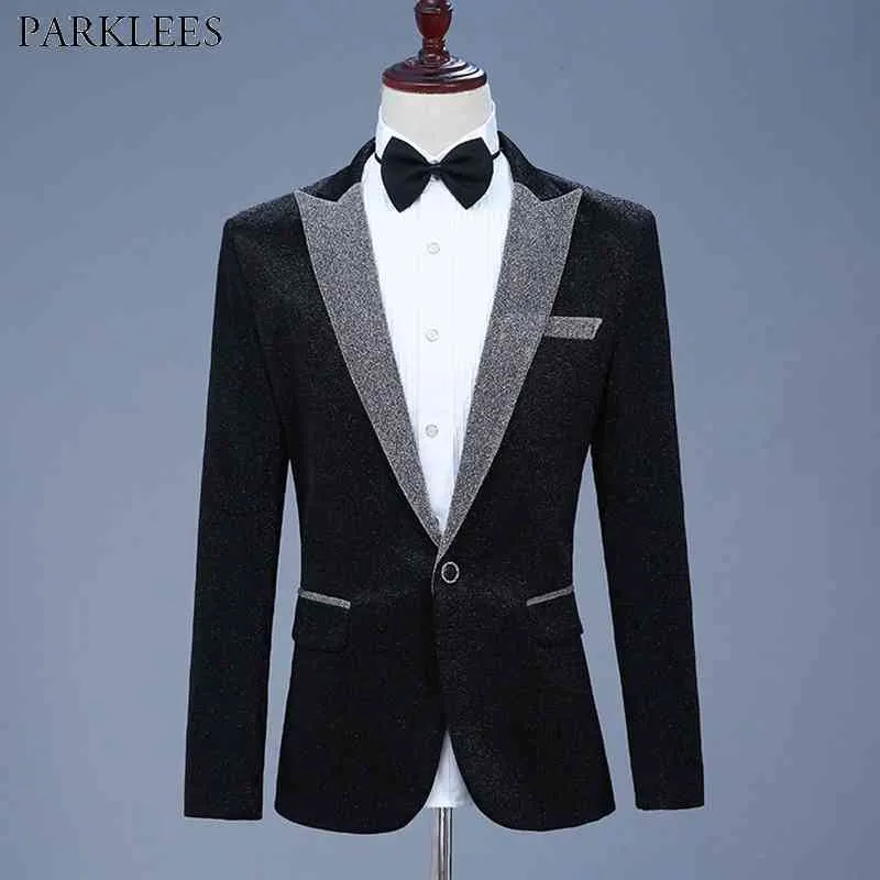 黒のエレガントなキラキラブレザージャケットメンズワンボタンピーク襟の光沢のあるスーツのブレザー男性クラブパーティープロムステージ服210522
