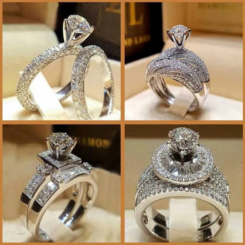 Luxury Male Female Crystal Zircon Stone Ring Silver Color Vintage Wedding Set Men Women Engagement Rings