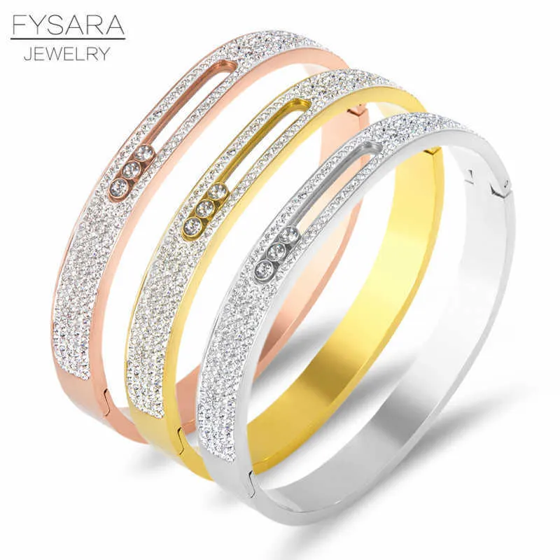 Fysara Cubic Zirconia Crystals Three Turnable Bangles for Women Slide Love Bangles Luxury Brand Fashion Stainless Steel Bangles Q0717