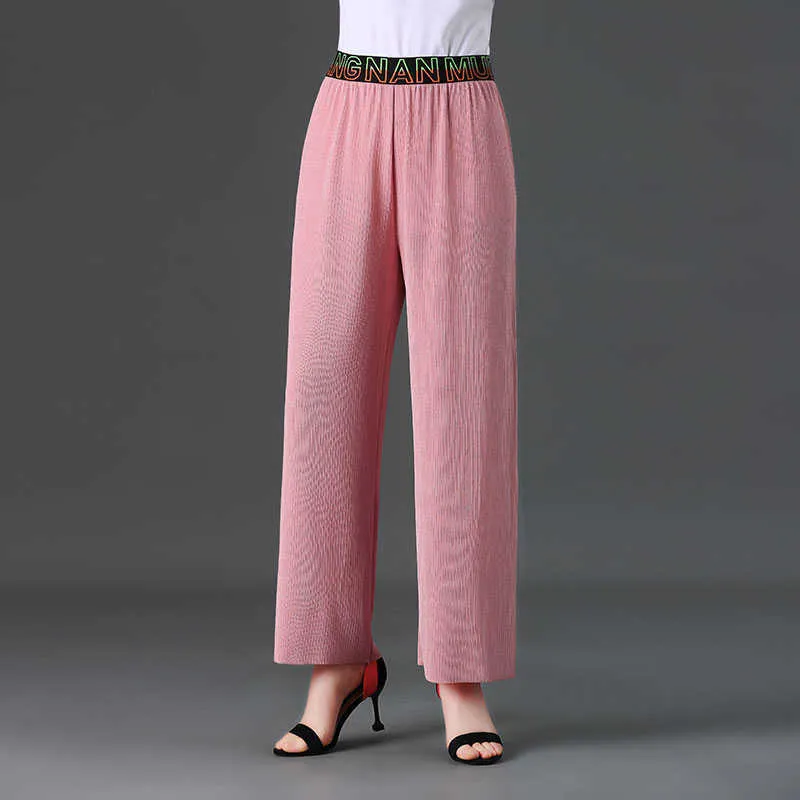 Pink Black Loose Fitting Pant Women Spring Summer Shiny Cloth Wide Leg Elastic Waist Trouser Mature Lady Bling Fabric Bottom New Q0801