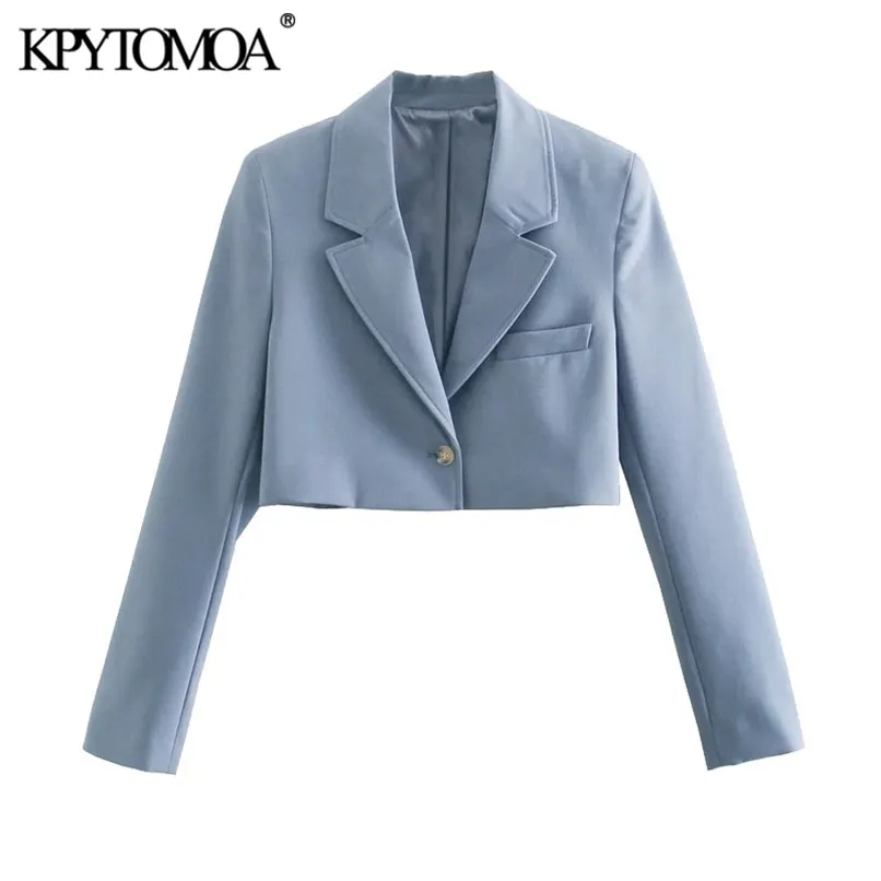 KPYTOMOA, chaqueta recortada de un solo botón a la moda para mujer, abrigo Vintage de manga larga para mujer, prendas de vestir exteriores elegantes para mujer 210930