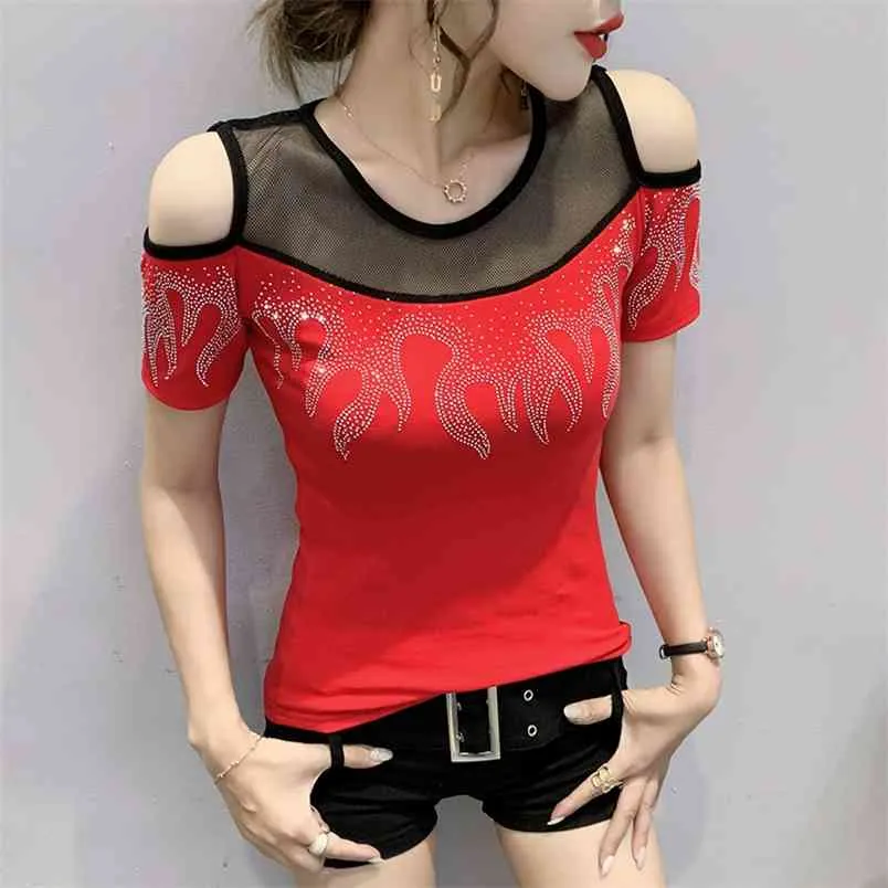 Mode Diamond Net Yarn T-shirt Dames O-hals Zomer Tops T-shirts Dames Grote Maat Korte Mouw Dameskleding 210507