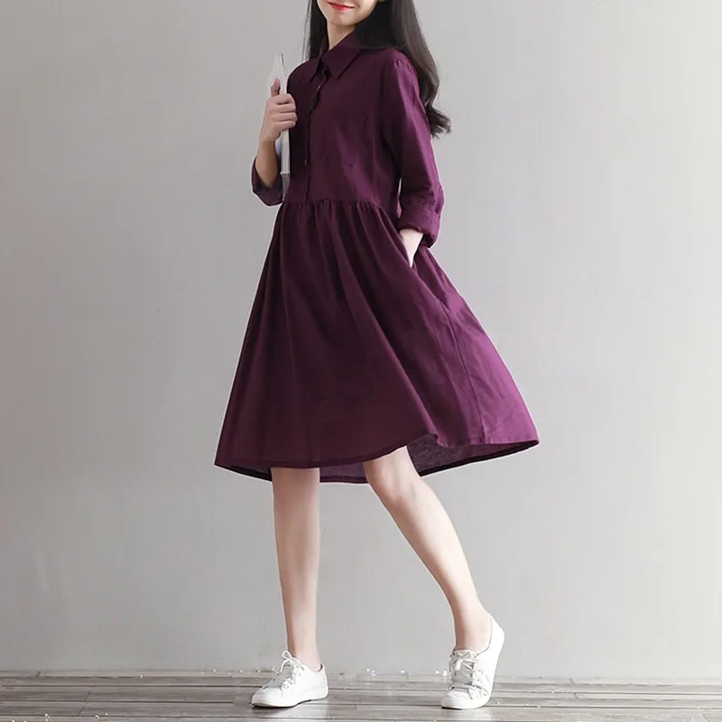 Women Plus Size Autumn Casual A-Line Knee-Length Linen Dress with Long  Sleeves and Stand Collar