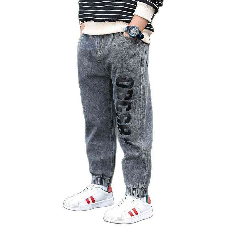 Spring & Autumn Boy Jeans New 2021 Korean Version Fashion Handsome Slim Elastic Waist Tight Cuffs Letter Casual Children's Pants G1220