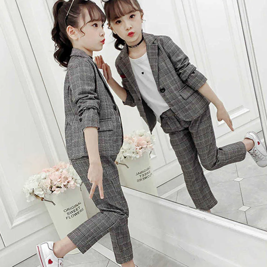 Plaid Blazer And Pants Suit Set In For Teen Girls Long Sleeve