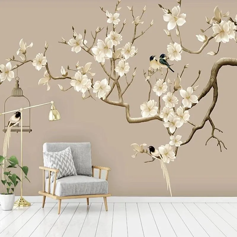 Po Self Adhesive Wallpaper Chinese Style Hand-painted Flower Bird Figure Magnolia Murals Living Room Study Decor Wall Wallpapers