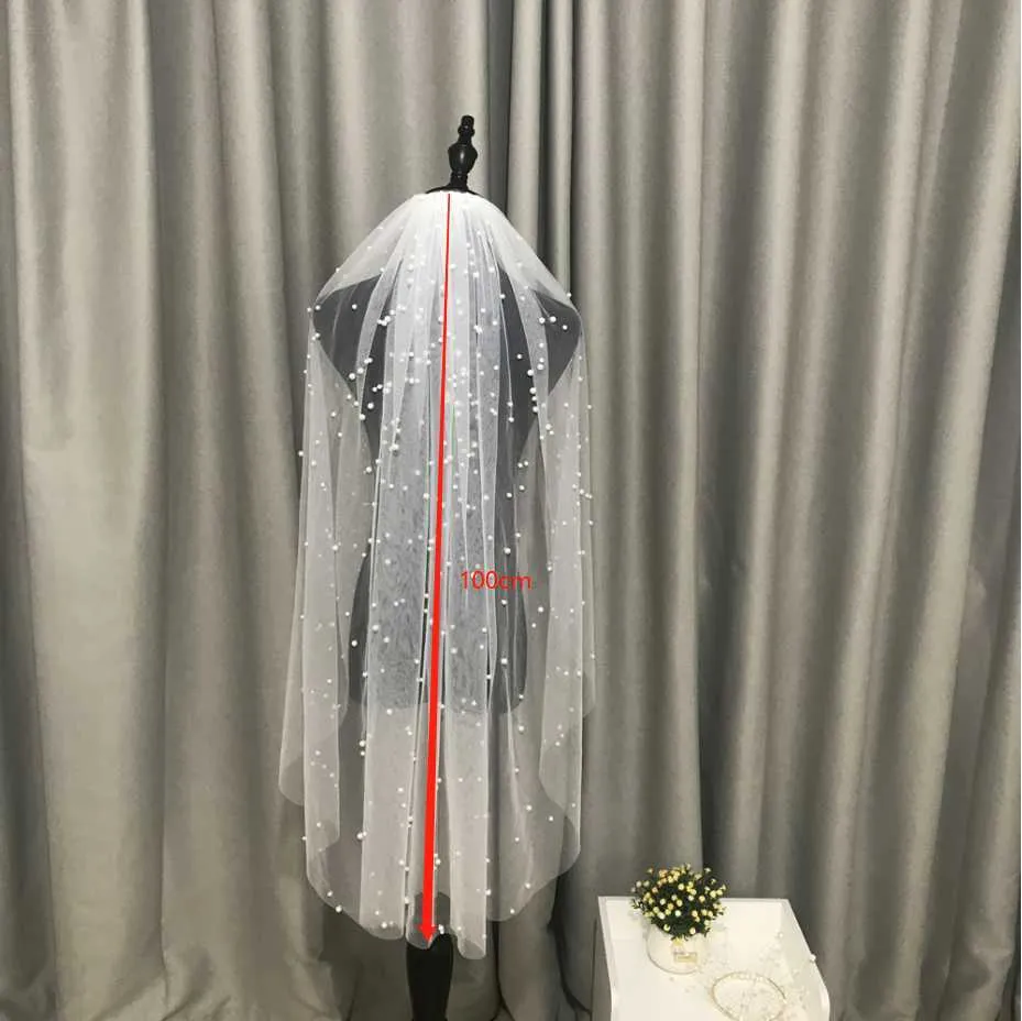 Kobiety Tiul Bridal Veil Pearl Wedding 1 Tier Krótki długi zasłona biała akcesoria ślubne z kości słoniowej z grzebieniem x0726213c