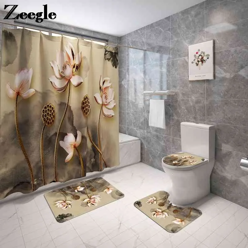 4pcs Floral Bathroom Carpet Flannel Shower Curtain Set Toilet Seat Cover Floor Materproof Waterproof Bathroom Mat