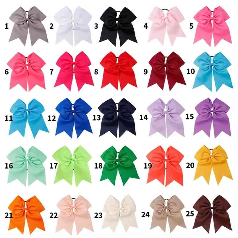 NCMAMA 25PCS / Parti 7 "Solid Cheer Bows Färgglada Elastiska Hårband Grosgrain Ponytail Cheer Hairbow för barn Flickor Hårtillbehör 210812