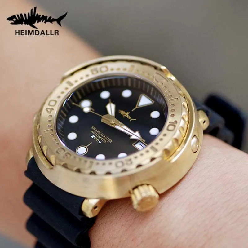 Heimdallr Bronze Tuna Automatic Watch Mechanical NH35A Sapphire Crystal Diver Watches 200m C3 Super Luminous Gold Wristwatch Wristwatches