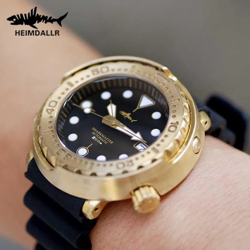 Heimdallr Brons Tonfisk Automatisk klocka Mekanisk NH35A Sapphire Crystal Diver Klockor 200m C3 Super Lysous Gold Wristwatch Wristwatches