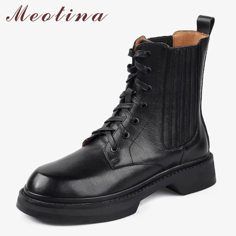 Meotina Women Motorcycle Boots Real Leather Platform Flat Short Boots Round Toe Lace Up Ankle Boots Female Shoes Autumn Winter 210520