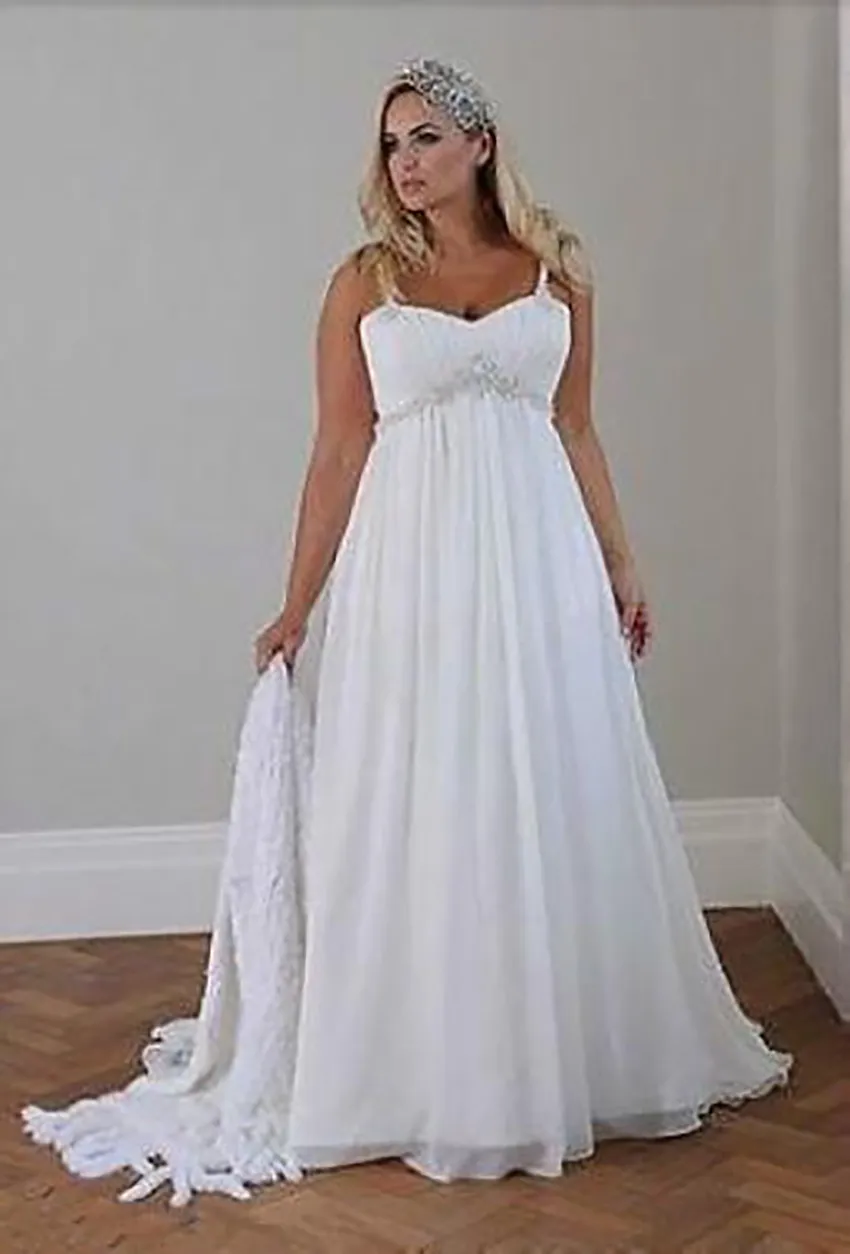 Grande taille décontracté plage robes de mariée 2021 bretelles Spaghetti perlée en mousseline de soie longueur de plancher Empire taille élégante robe de mariée