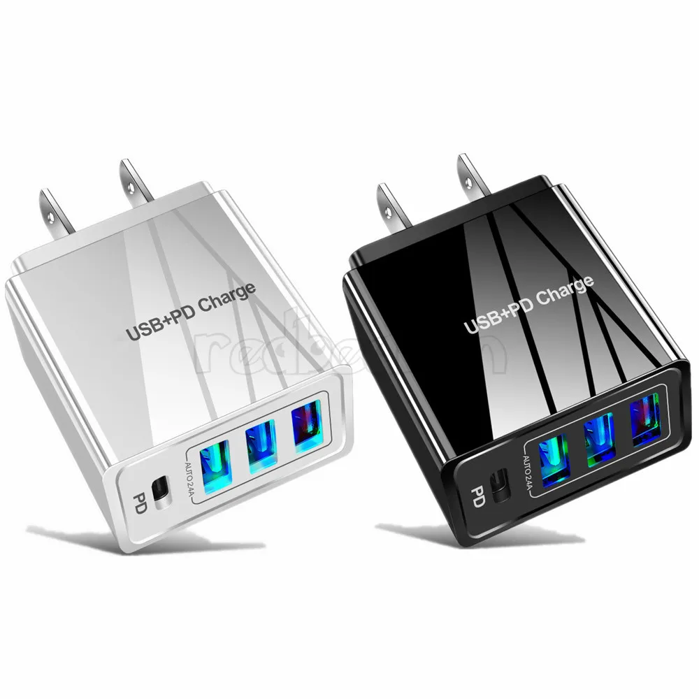 Universal 3.1a 4PPORTS PD Wall Chargers Portable EU US UK AC-nätadapter för iPhone 11 12 13 HTC LG Android Telefon med Retail Box