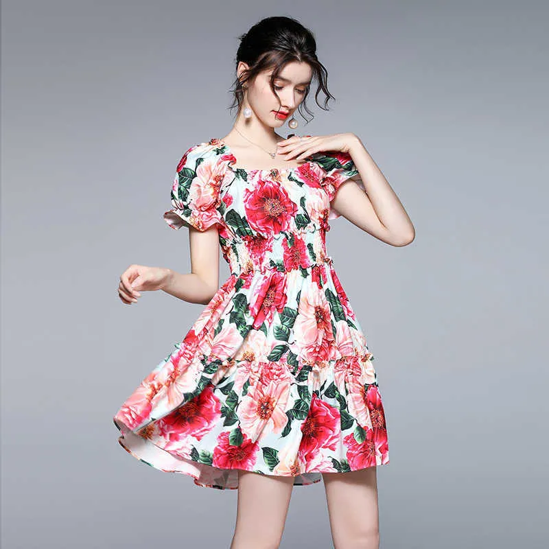 Runway Floral Dress Women Ruffles Flower Leaves Print Off Shoulder Puff Sleeve Female Holiday Mini 210529