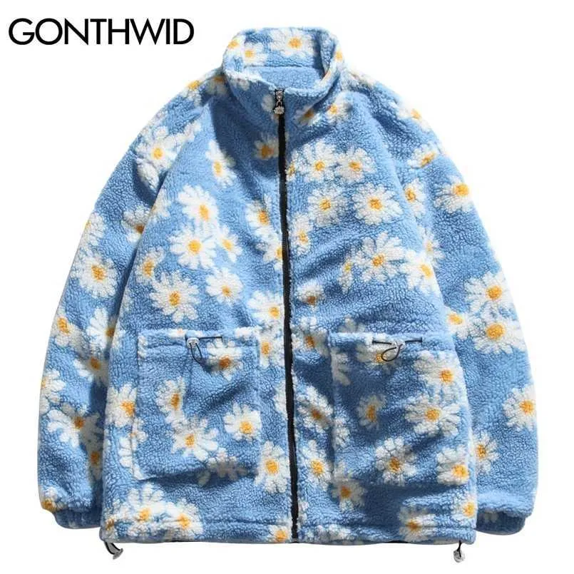 GONTHWID Cotton Padded Thick Parkas Jackets Streetwear Hip Hop Daisy Print Fleece Warm Full Zip Coats Fashion Harajuku Outwear 211129