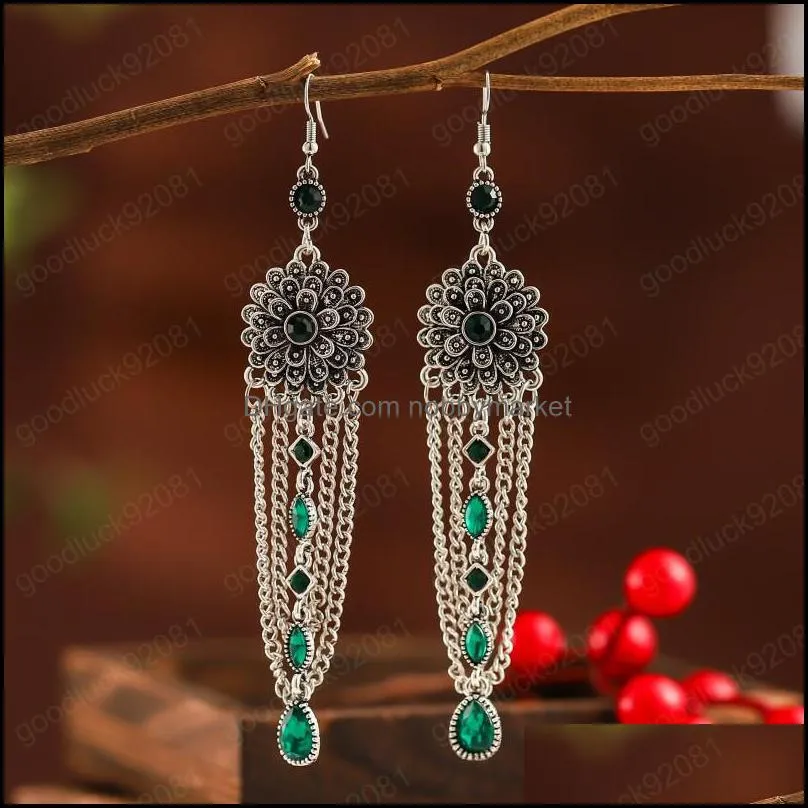 Jhumka Retro Flower Long Tassel Earrings Pendientes Mujer Hangers Fashion Rhinestone Dangle Earrings Bohemian Women Ear Jewelry