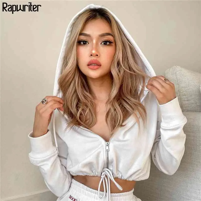 Casual Beyaz Sudaderas Hoodies Kazak Kırpma Tops Kadın Sonbahar İpli Uzun Kollu Harajuku Zip Up Basic Top 210510