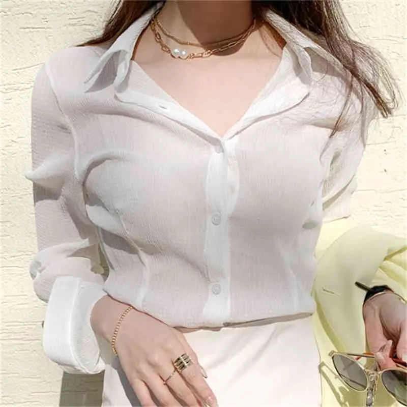 Cienka biała koszula Szyfonowa lato wiosna casual topy z długim rękawem dziewczyny bluzka plus rozmiar kobiety bluzki femme 210417