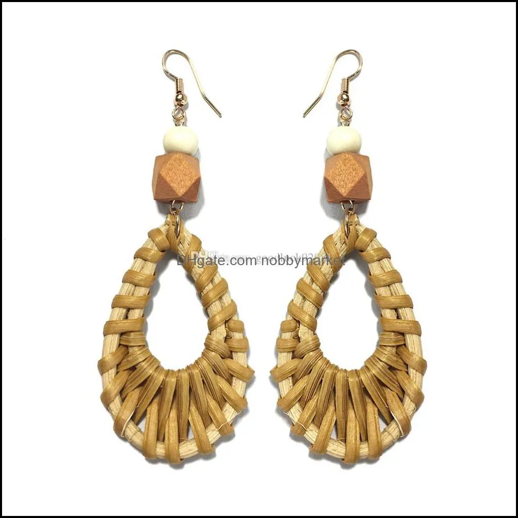 Handmade Rattan Knit Drop Dangle Earrings Women Wood Beads Long Statement Earrings Bohemian Jewelry Female
