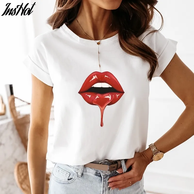 Women Casual Harajuku Fashion T-shirt Red Lips Print Loose O-neck Short Sleeve Elastic Stretched Summer Home Tee Shirt 210514