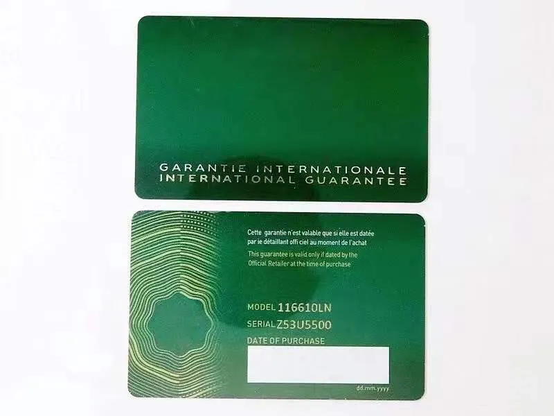 Carte di garanzia di sicurezza verde di alta qualità Scatole da viaggio per orologi in plastica Carta di stampa personalizzata 3D Modello Numero di serie Incisione Tag275I